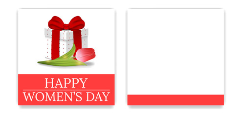 Women's Day Party Invitations and Greeting Cards with Gift Box and Tulip. Gift Box with Red Bow. Front Side and Backside. Place for Text. Vector illustration.