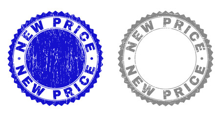 Grunge NEW PRICE stamp seals isolated on a white background. Rosette seals with distress texture in blue and grey colors. Vector rubber watermark of NEW PRICE label inside round rosette.