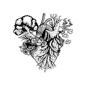 Illustration Anatomical heart with forest fires