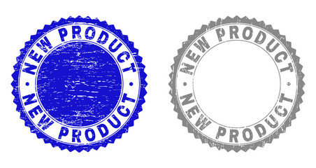 Grunge NEW PRODUCT stamp seals isolated on a white background. Rosette seals with distress texture in blue and grey colors. Vector rubber stamp imprint of NEW PRODUCT tag inside round rosette.