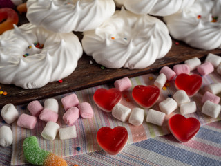 dessert, tea, meringue, cookies, wafer tube, black tea, oatmeal cookies, sugar wafers, biscuit in chocolate, basket, flax