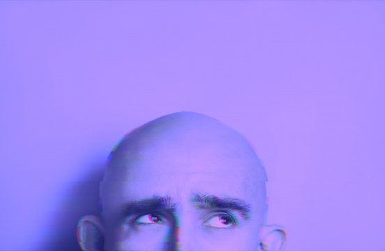 Neon Glitch Effect Portrait Of Bald Man. Retrowave Concept.