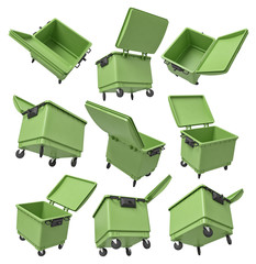 3d rendering of set of nine green trash bins isolated on white background