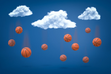 3d rendering of orange basketball balls under white clouds on blue background
