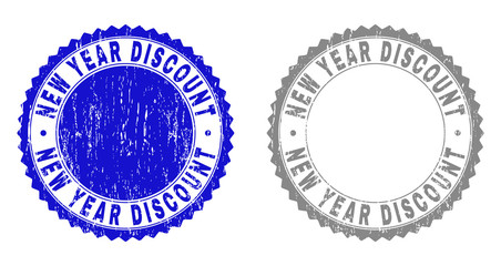 Grunge NEW YEAR DISCOUNT stamp seals isolated on a white background. Rosette seals with grunge texture in blue and gray colors.