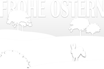 White papercut Illustration with bunny, "Frohe Ostern" written in the background