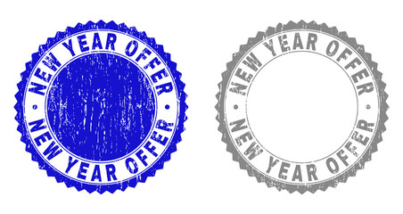 Grunge NEW YEAR OFFER stamp seals isolated on a white background. Rosette seals with grunge texture in blue and gray colors. Vector rubber stamp imitation of NEW YEAR OFFER text inside round rosette.