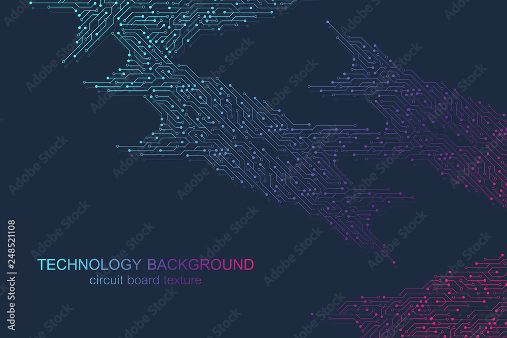 Poster Computer motherboard vector background with circuit board electronic elements. Electronic texture for computer technology, engineering concept. Motherboard integrated computing illustration