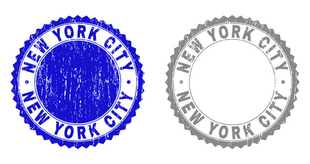 Grunge NEW YORK CITY stamp seals isolated on a white background. Rosette seals with grunge texture in blue and grey colors. Vector rubber stamp imitation of NEW YORK CITY tag inside round rosette.