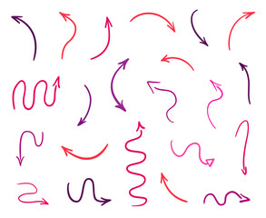Abstract arrows. Hand drawn colored pointers on white. Line art. Set of different signs. Colorful illustration. Doodles for artwork