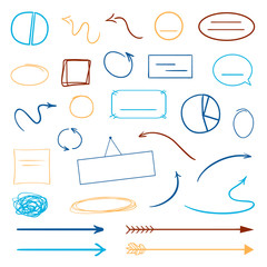 Infographic elements on isolated white background. Hand drawn colored shapes. Abstract frameworks and arrows. Line art. Set of different signs. Colorful illustration. Doodles for artwork