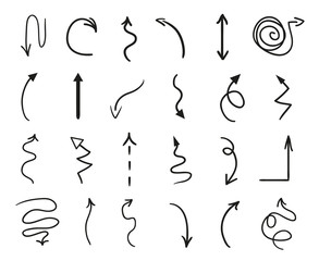 Infographic elements on isolated white background. Hand drawn simple arrows. Line art. Set of different pointers. Abstract indicators. Black and white illustration. Doodles for artwork