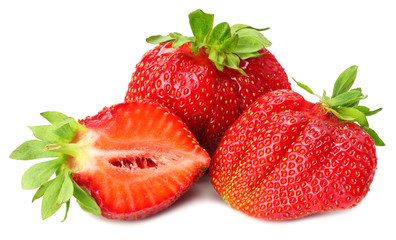 Strawberry with green leaf and slices isolated on white background. Healthy food.