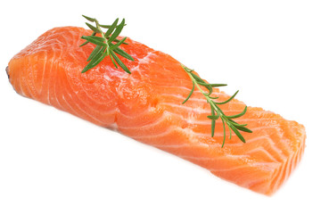 Red fish. Raw salmon fillet with rosemary isolate on white background.