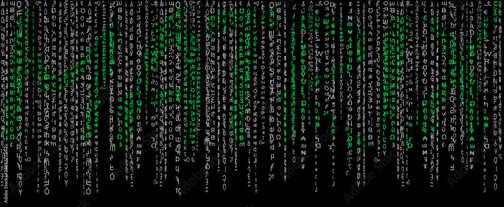 Wall mural matrix black and white on a black background with green text 