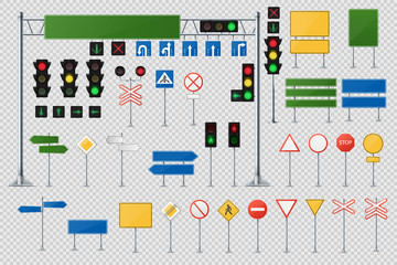 Big Realistic Set Of Road Signs And Traffic Lights And Semaphores.