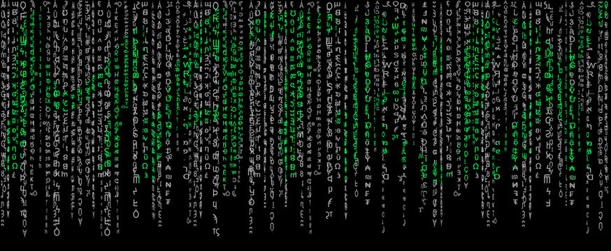 Matrix black and white on a black background with green text "Matrix".Computer virus and hacker screen wallpaper