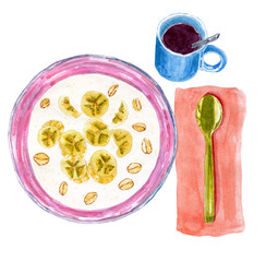 Hand drawn watercolor illustration of healthy breakfast, isolated on white background. Cereal, oatmeal, banana in a bowl. Cup of coffee. Food illustration.
