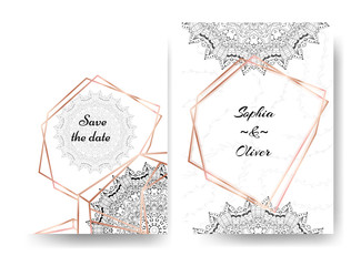 Beautiful modern invitation wedding template with gold frames and white and black mandala.