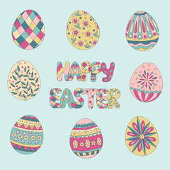 Set of colorful eggs - Happy Easter, doodle