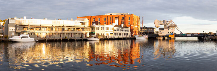 Mystic, Stonington, Connecticut, United States - October 26, 2018: Panoramic view of old historic...