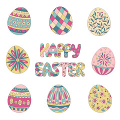 Set of colorful eggs - Happy Easter, doodle
