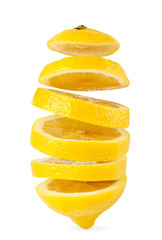 Lemon sliced pieces fly in the air on a white, isolated.