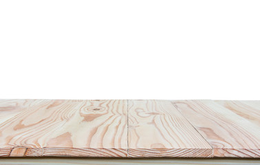 Empty wood table top isolated on white background with clipping path and copy space for display or montage your products