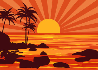 Summer beatiful sunset backgrounds coast seashore with mountaines stones beach, sun, palm trees, sky, horison. Vector illustration, isolated, template, baner, card, poster