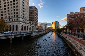 Fototapeta na wymiar Providence, Rhode Island, United States - October 25, 2018: Scenic view of a beautiful modern downtown city during a vibrant sunset.
