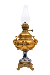 Ancient oil, kerosene lamp on a white background.