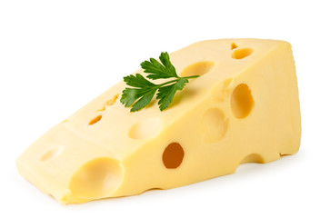 Cheese with holes and a leaf of parsley close-up on a white. Isolated.