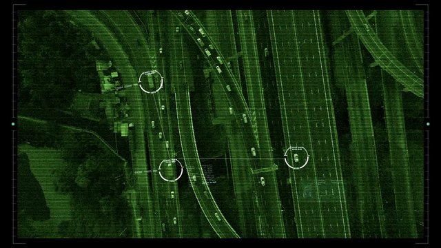 Futuristic HUD satellite car surveillance and identification counter terrorist monitoring highway traffic for possible enemy target vehicle