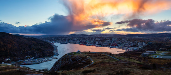 St. John's, Newfoundland, Canada - October 18, 2018: Sunset View from the top of Signal Hill National Historic Site.