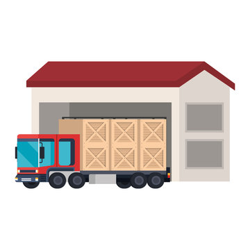 delivery truck with wooden boxes in warehouse