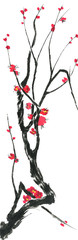 A branch of a blossoming sakura. Pink and red stylized flowers of plum mei and  wild cherry . Watercolor and ink illustration of tree in style sumi-e, go-hua,  u-sin. Oriental traditional painting. .
