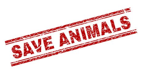 SAVE ANIMALS seal stamp with distress texture. Red vector rubber print of SAVE ANIMALS tag with retro texture. Text tag is placed between double parallel lines.