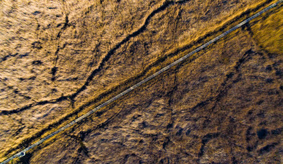 Marshes and Reeds wetland from top view aerial drone photo shoot. This is Sultan Sazligi national park in Develi Valley Kayseri Turkey. Beautiful pastoral landscape