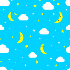 Seamless children's pattern of clouds, with the moon, stars on the blue sky. Wallpaper, clothes. Vector illustration.