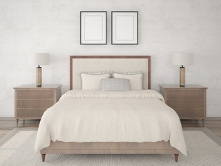 Mock up fashionable bedroom with a stylish classic bed and a bright hipster backdrop.