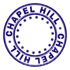 CHAPEL HILL stamp seal watermark with distress texture. Designed with circles and stars. Blue vector rubber print of CHAPEL HILL caption with unclean texture.