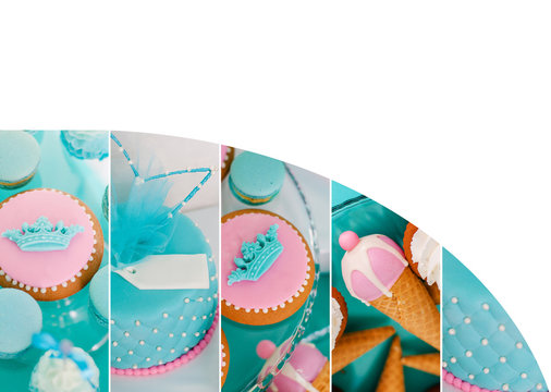 Blue summer time theme for party or birthday. Collage of five pictures of sweets, cupcakes, pop cakes