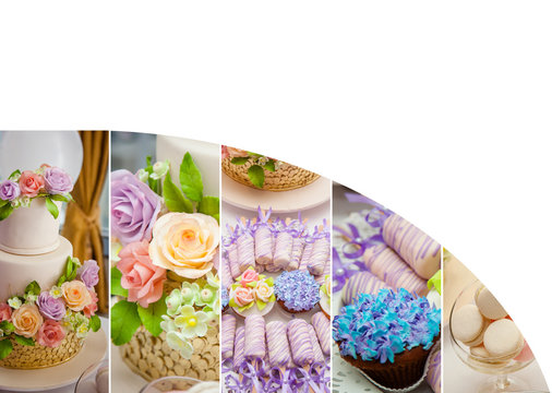 Flower summer time theme for party or birthday. Collage of five pictures of sweets, cupcakes, pop cakes