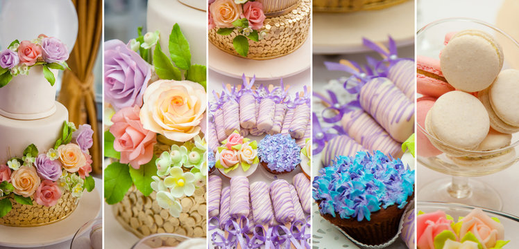 Flower summer time theme for party or birthday. Collage of five pictures of sweets, cupcakes, pop cakes
