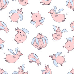 Vector seamless pattern of cartoon pigs angels flying on white background.