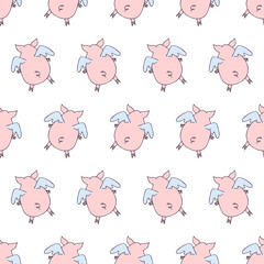 Fototapeta premium Vector seamless pattern of cartoon pigs angels flying on white background.
