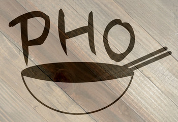pho soup design on wood grain texture