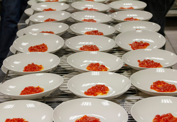 exposes plates with sauce in the kitchen