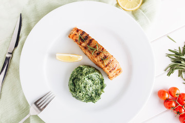 Grilled Salmon Steak Mash Potato Spinach Flatlay