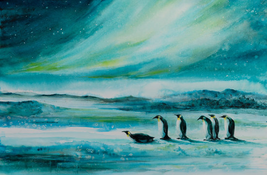  Penguins in ice desert landscape. In background aurora borealis. Picture created with watercolors.